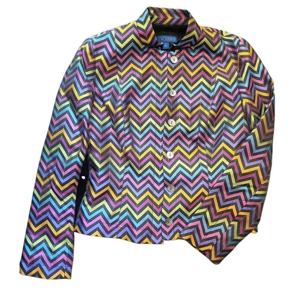 Vintage J. McLaughlin Jacket Women's 4 Silk Rainbow Zigzag Striped Button Down